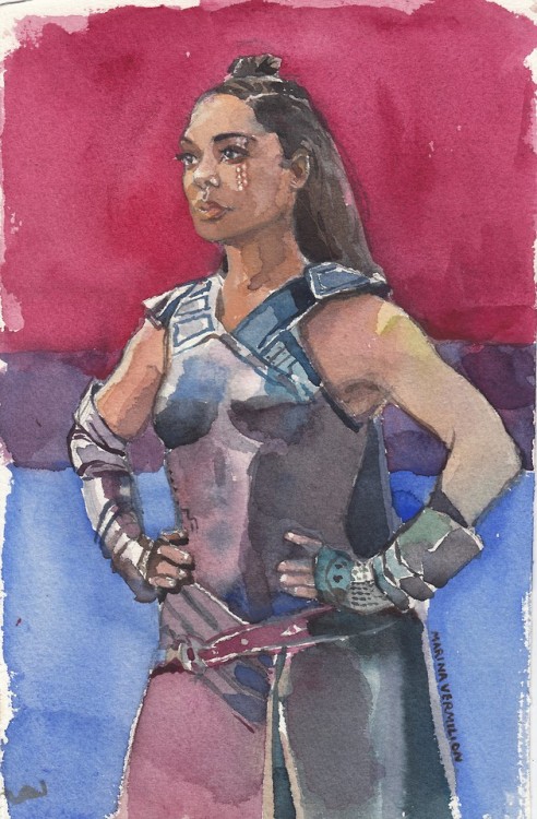 angelictroublemaker: marina-does-things: Happy Bi Week! [Watercolor of Valkyrie, standing with her h