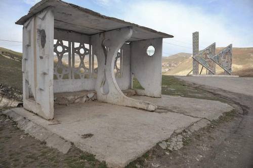 : . bus stop next to “Fast Forward Tajikistan” - agitprop installation with mosaic elements, bus sto