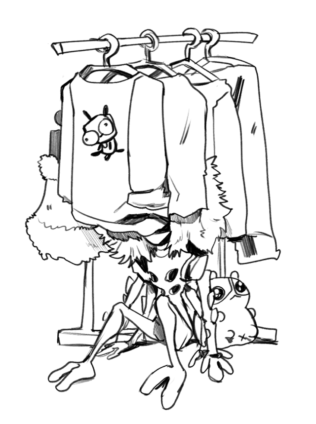 A black and white digital drawing of Ermine, a humanoid creature, sitting in a clothing rack in a Hot Topic with their face in the shirts. A Hamtaro plushie is next to them.