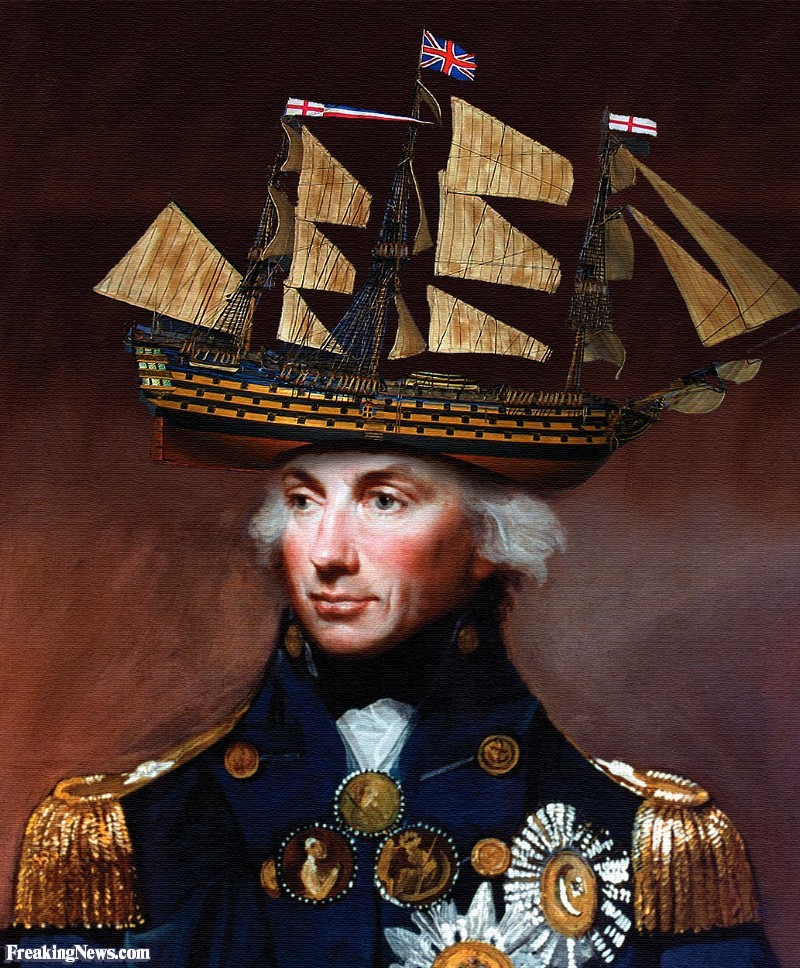 lobsterwarrior:  Horatio Nelson and his new Ship-Hat. (little model of HMS Victory,