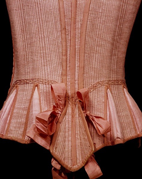 STAYS & BUSK 17th Century  Info from the V&A Museum: Front lacing stays and busk of pink wat