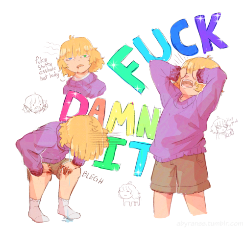Several drawings of Riley (Bonesaw) Davis wearing a sweater and shorts. In one she is leaning back with her hands on her face yelling "Fuck!" In another she is leaning over forward with hands on her knees yelling "Damn it!" with a thin stream of spit dripping from her mouth onto the ground with some small text reading "Blegh" next to her. In another it depicts her only from the shoulders up with a dazed expression saying "Fukn shitty asshole hat lady." There are then three simple sketches of her around the edges, one with sharp teeth and a wide open mouth, one with a tranquil expression and a pony-like body, and one with sunglasses saying "Hell yeah," with a thumbs up