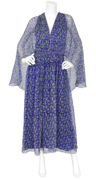 1970′s Blue Floral Silk Chiffon Caftan Maxi DressAvailable on Featherstone Vintage