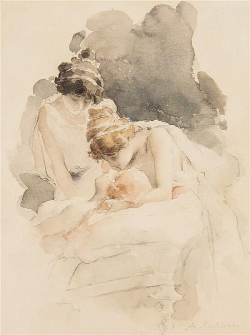 fordarkmornings:Antoine Calbet (French, 1860-1944). The drawing illustrates three maidens. Watercolo