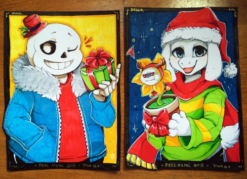 Undertale themed Christmas Cards I made for my irl friends; Sans for Maa and Asriel/Flowey to Debbie