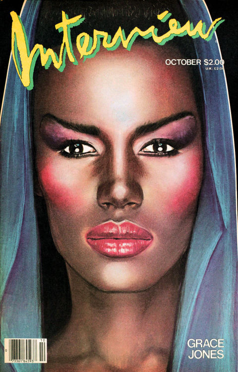 Grace Jones on the cover of Interview Magazine (as illustrated by Richard Bernstein, who also did he