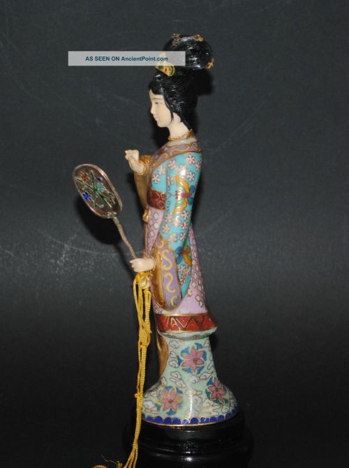 Antique Chinese cloisonne enamel figurine of a lady holding a fan