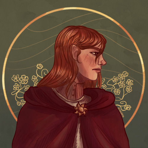 Digital art of artist's OC, Mara. Mara is a young adult human woman with medium pale skin, shoulder-length straight ginger hair, and brown eyes. She is wearing red hooded cape, fixed on a brooch in a shape of a sun, under which curaisse is shown. She is looking wearily to the side, surrounded by silouettes of buttercups. Artwork is made in warm colors, with warm green background.