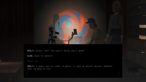 A screenshot from Kentucky Route Zero showing three people looking at a projector projecting swirling colors in red and blue on the wall. Game text reads "
EMILY: Ghost, huh? You really think she's dead? ELMO: Does it matter? Maybe not.
EMILY: I guess you're right. A ghost is just an absent person, whether they're dead or not.".