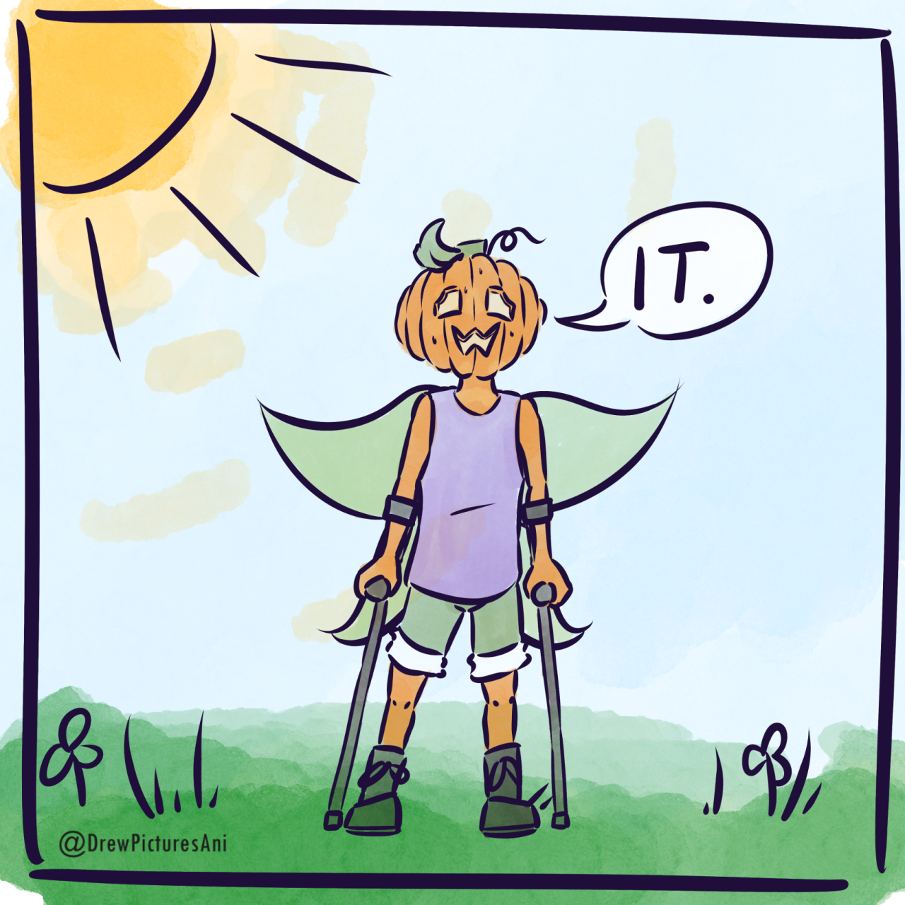 Panel 5. The faerie stares straight toward the viewer with a slightly pained smile. They begin talking via a round speech bubble that says "IT."