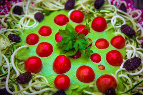 Olenko’s Raw Vegan Pasta with Pesto and Garden Tomatoes  I have beautiful baby tomatoes growing on m