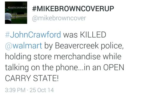 land-of-propaganda:  #JohnCrawford #Ferguson  But it isn’t a race issue right?  (10/25)