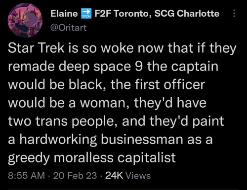 [Image Description Tweet From Oritart "Star Trek Is So Woke Now That If They Remade Deep Space 9 The