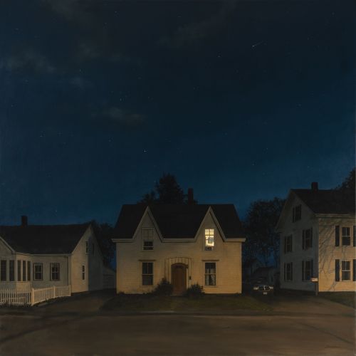 huariqueje: Night Owl   -   Linden Frederick , 2021.American,b.1953-oil on linen, 55 x 55 in.