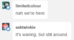 ask-ponyghost:ask-ponyghost:ask-ponyghost:is this fandom still alive or is it dead as me? hellow duddysbut I sure feel welcomeEEEEE GUMDROP’S BACK~! <33
