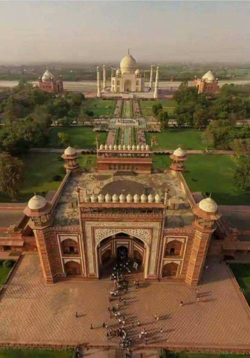 View of Taj Mahal from the air, Agra, India.