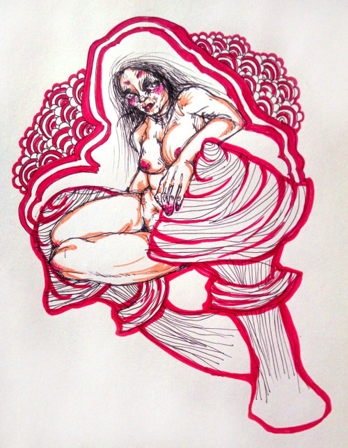 Throne of Shrooms ~ Original Nude Ink Illustration (Trip With the Psychedelic Empress of the Secret Forest of Blue Caps & Try Her Amanitas)