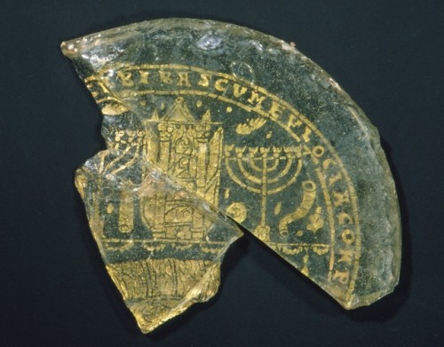 Bowl fragments with menorah, shofar, and Torah ark. Roman, 300-350 A.D. Glass and gold-leaf. From th