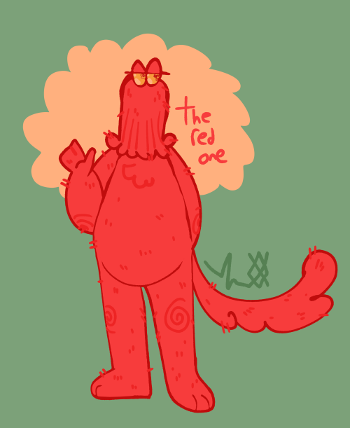 a digital drawing of the red guy from don't hug me i'm scared. the background is green with an orange squiggly shape behind him, which matches his eyes that are also scribbles. he has a tail. one of his hands is raised and the other is behind his back. next to him reads 'the red one'.