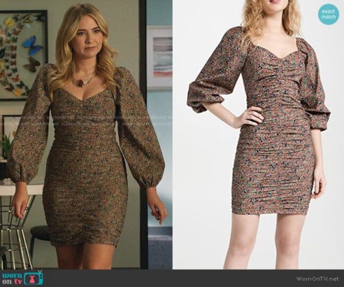 Amanda’s brown floral ruched dress on Dynasty Nadi Minidress by Veronica Beard at Saks Fifth Avenue,