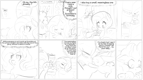 haikuoezu:  Well, there it is.I was going to include a flashback where we see Fluttershy was the one who bought Scoots’s Scooter, but I was having trouble including it in the layout so it got scrapped. Full SizePage 1Page 2  Right in the so called feels.