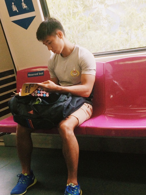 merlionboys:  Fan Submission: ‘Navy hunk on MRT’ Taking the train can be tiring sometimes but not at times like this. He might be off the public transport soon though, good luck for BTT! :) http://merlionboys.tumblr.com/ 