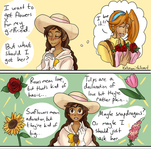 kelseymichikoart: 15 Day otp Challenge ✬ Day 13: FlowersIt’s because they’re yellow 