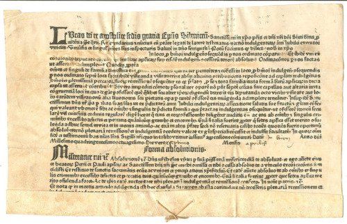 A papal indulgence from the diocese of Mainz, 1480. Indulgences were sold to Catholics during this p
