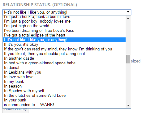dumbass-bitch-disease:  imascoldasiceascoldasicecanbe: fano-tastic:  marshmellowtea:  high-metafive:  so i made and account on tv tropes and it asked for my relationship status i went over and was about to put in “single” or “it’s complicated”