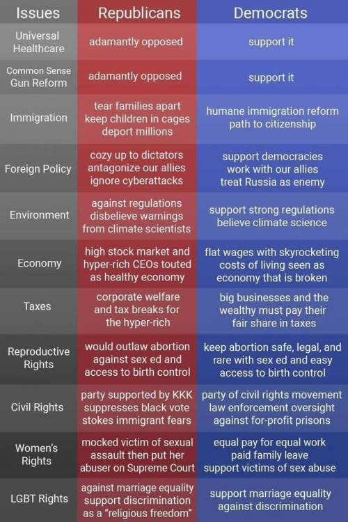 feelingbluepolitics:saywhat-politics:Comparison of both partiesExcellent summary.