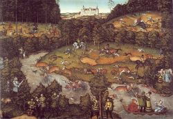 athousandwinds:   Hunting near Hartenfels Castle, Torgau in Saxony, oil on panel by Lucas Cranach the Elder, Germany, 1472-1553.  Cranach was a genre painter known for his portraits and religious subjects. He was a printer, printmaker and engraver,