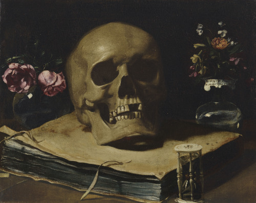 Giovanni Francesco Barbieri, called Guercino (1591-1666), A vanitas still-life with a skull atop a b