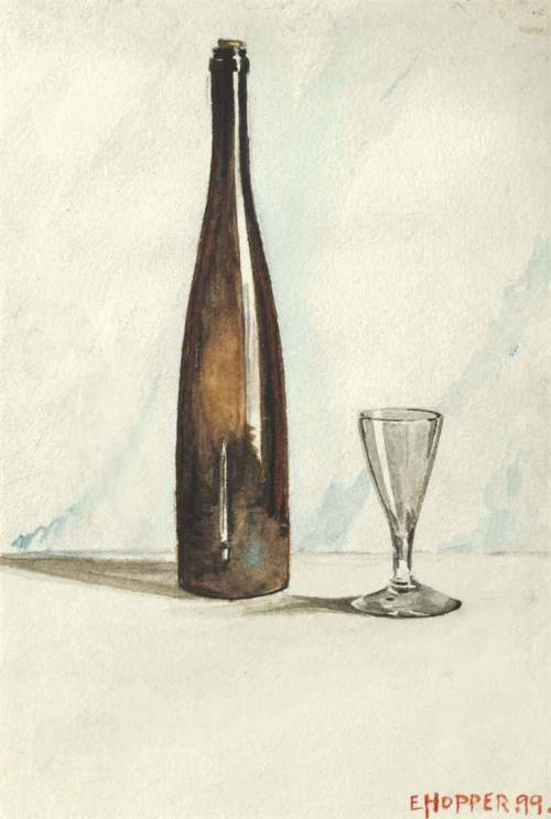 huariqueje:Still Life with Wine Bottle and Glass  -  Edward Hopper 1899American 1882-1967watercolor 