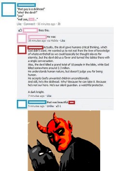 fanatic-proxy:  idiotsonfb:  fuckyeahidiotsonfacebook:  Not the mythological being we deserved but the one we needed.  just like Ralph… Satan is just misunderstood.  Of course. Everything mentioned about him in the Bible is wrong.