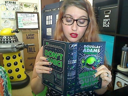 kayleepond:  Love me some Hitchhiker’s Guide! <3  EDIT: Some have questioned the location of my towel! I want to assure you that I, of course, have it! (It’s the green thing I’m sitting on!)   Don’t panic love it