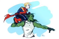 thehappysorceress:  veryscarykrystal:  Ok, another doodle of these two!I’m not totally caught up on the Captain Marvel comic right now, but last I saw, Carol isn’t supposed to be flying to prevent her brain from exploding… I figure that wouldn’t