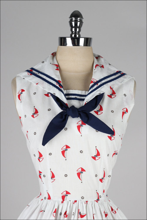 ephemeral-elegance:  Sailboat Printed Cotton Sailor Dress, ca. 1950s via Mill Street Vintage