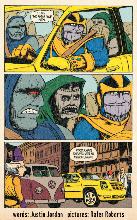 plasticfarm:The second THANOS AND DARKSEID: CARPOOL BUDDIES OF DOOM. Guest starring: Doctor Doom! Wr