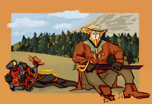 A redraw of a scene from Brokeback Mountain with V1 and Gabriel. V1 is laying on its side, spinning a hat in one of its spare hands while Gabriel grips his sword's sheath between both palms, pointedly looking away. Both are (loosely) dressed as cowboys.