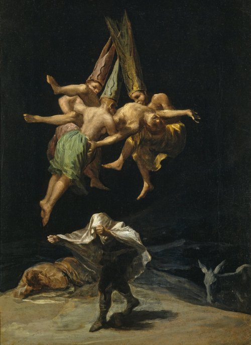 theartivistic:Witches’ Flight, 1797-8 by Spanish romantic painter and printmaker Francisco Goya.