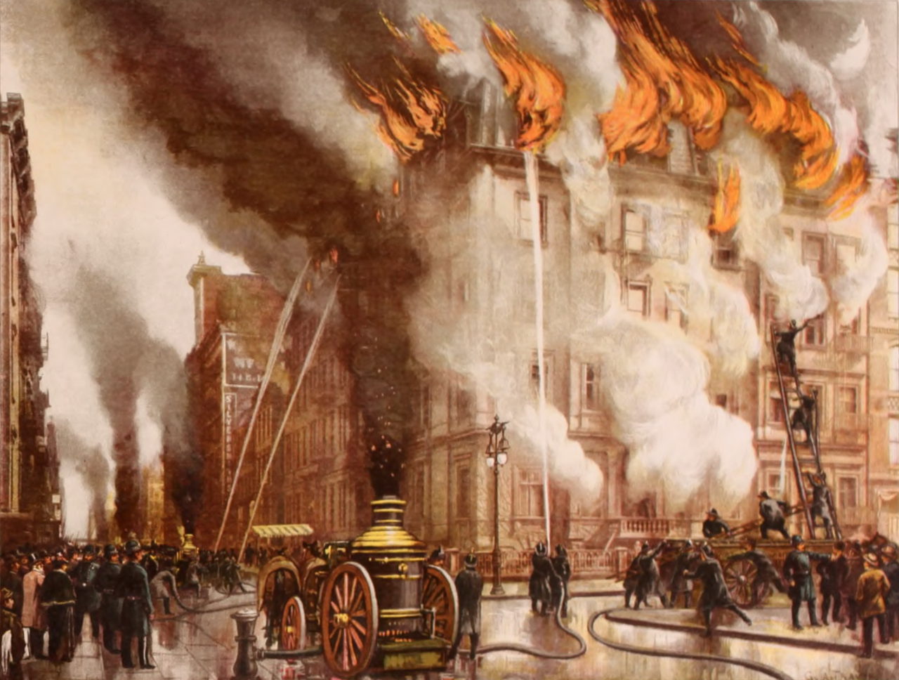 После пожара насос. Пожар в Нью-Йорке 1776. 1835 Великий пожар Нью-Йорке. Нью Йорк 1899. Пожар 19 век.