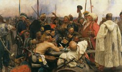 russian-painting:    Ilya Yefimovich Repin - Cossacks writing a letter to the Turkish Sultan, (1880 - 1891). Oil on canvas, 203 x 358 cm.   The State Russian Museum, St. Petersburg, Russia. 