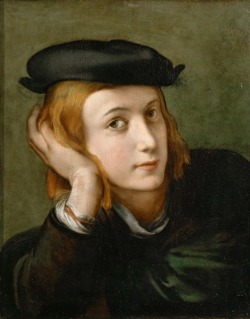 kundst:  Parmigianino [attributed to] (It. 1503-1540) Portrait of a young man (1524) Oil on wood (59 x 44 cm)