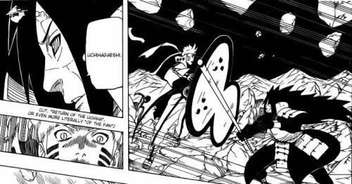 loonelybird:  Chapter 601.  I love the difference in their faces.  The moment when Madara fight directly against Naruto with a very pityful result for the last one.  Madara rests always the most powerful and the cooliest antagonist of this manga. 