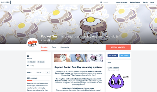 pocket-sushi:Hey, all! I’m relaunching my Patreon. If you like my pins and want to receive a new one