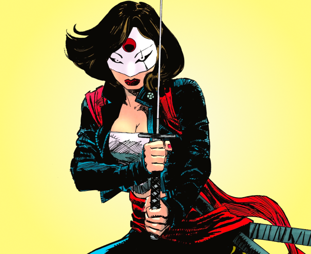 Edited comic panel of a close up of Tatsu Yamashiro holding her katana in front of her with both hands. She has shoulder length hair, and is wearing a mask resembling the Japanese flag that covers the top half of her face, including her nose. She's wearing a white crop top over a cropped black jacket and pants, with red cloth tied around her shoulders resembling backpack straps, and around her waist. Two sheaths are attached to her waist with the red cloth. The background is a yellow gradient.