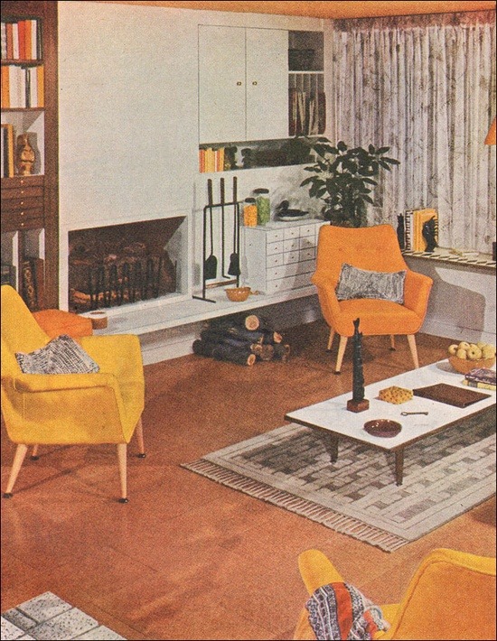 theniftyfifties:  A 1953 Armstrong living room with cork floor. 