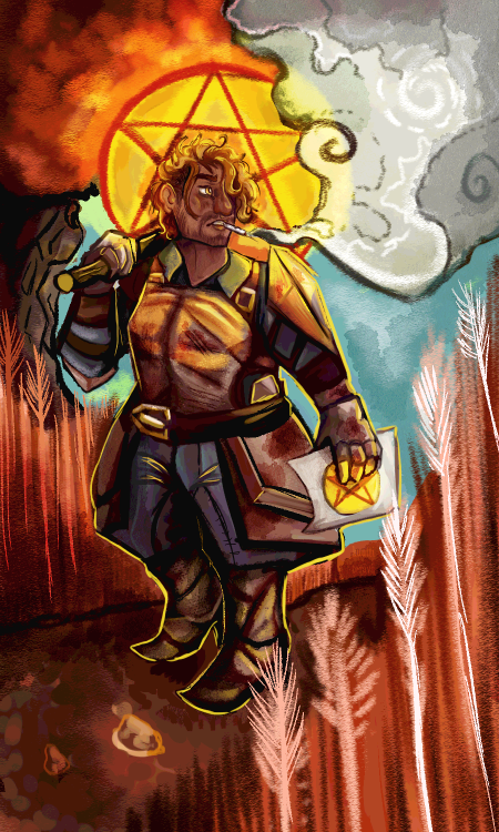 PAGE OF PENTACLES | KEG[Id: Drawing of Keg from Critical role. She is a muscular, brown skinned dwar