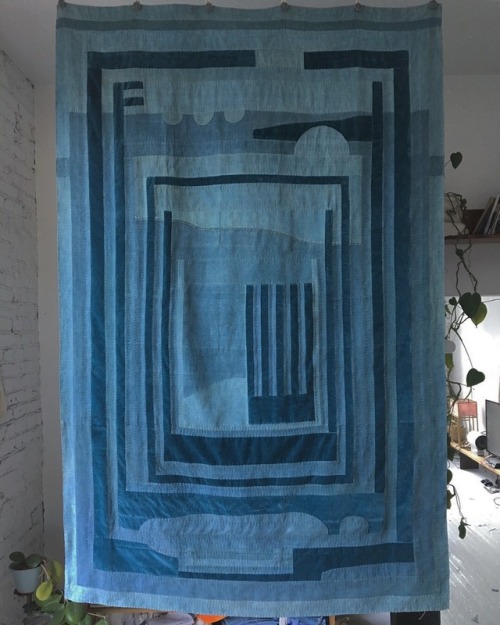 Front and back of heavy linen and mohair velvet quilt made to hang in a doorway. About 55”x79”