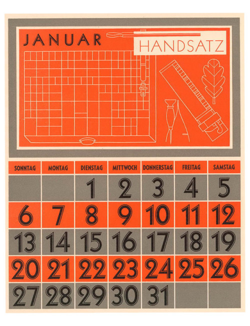 Rudolf Koch, calendar page with typeface: Zeppelin, designed 1929. Klingspor Museum Offenbach, 